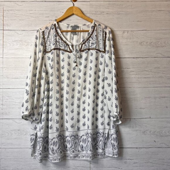 Catherines Blouse Womens Size 1X Blue & White Boho Peasant Metal Embellishments - Picture 1 of 15
